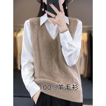 100羊絨馬甲背心女秋冬寬松V領麻花外搭疊穿羊毛針織毛衣韓版背心