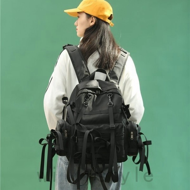 リュック韓国オルチャンストリートv系原宿系黒ストラップリボン大容量通勤hiphopサブカルバックパックバッグレッスン 通販 Lineポイント最大0 5 Get Lineショッピング
