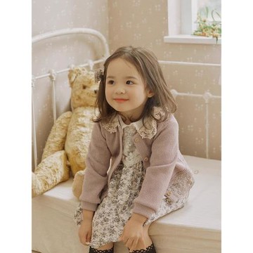 女童針織開衫2025秋款韓國兒童女孩洋氣娃娃領花邊長袖短款薄外套