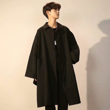 【中長風衣】臺灣出貨男士黑色風衣中長款韓版寬鬆港風帥氣過膝潮流外套披風大衣
