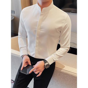 立領襯衫男士長袖2025新款新中式國風男裝高級感中山裝白襯衣男款