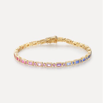 珍奧斯丁珠邊幻彩彩虹彩色藍寶石手鍊剛玉彩色寶石18k金手鍊