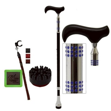 海夫枴杖屋 施華洛士奇 璀璨系列 時尚高級伸縮手杖 72顆藍水鑽 滿點底座 夜光片扣環 黑色高級楓木-銀(S2HC01)