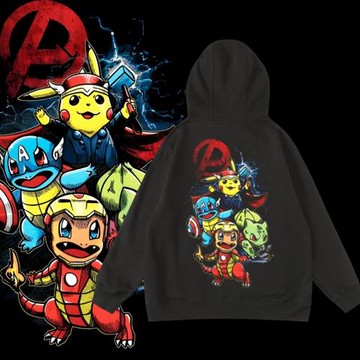 復仇者聯名皮卡丘寶可夢游戲周邊套頭寬松加絨連帽衛衣秋冬男女bf