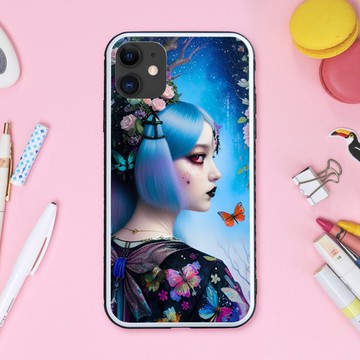 綁著雙馬尾的藍色頭髮、身穿黑白粉彩色服飾的夢幻可愛女孩與花蝶 手機殼【強化玻璃處理】支援 iPhone16