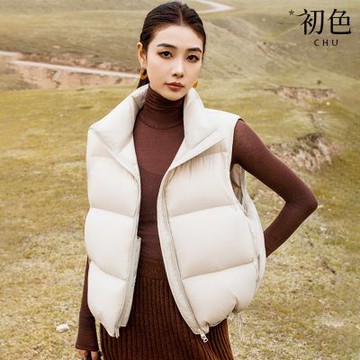 初色 簡約寬鬆保暖抽繩下擺立領羽絨外搭馬甲背心女背心-共4色-16546(S/M可選)