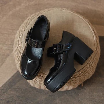 復古瑪麗珍鞋女粗跟英倫2025新款松糕厚底淺口鞋超高跟單鞋黑色