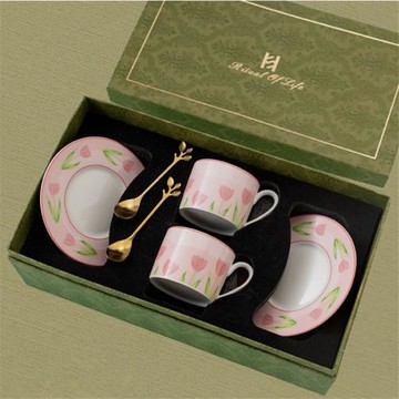 郁金香骨瓷咖啡杯碟套裝少女心ins風陶瓷水杯節日禮物禮盒可愛杯