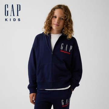 【GAP】兒童VintageSoft毛圈布寬鬆Gap Logo拉鍊連帽外套-海軍藍(907668)