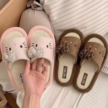 kitty棉拖 凱蒂貓豹紋毛絨拖鞋亞麻涼拖可愛四季拖鞋室内居家透氣防滑春夏秋 可愛棉拖 室内拖鞋 居家拖鞋