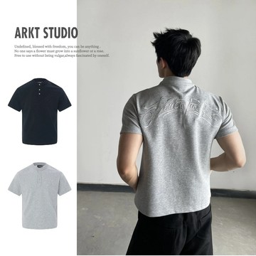 ［ARKT］ T12 美式刺繡亨利領短袖 重磅抗皺 Boxy版型 復古休閒 黑色灰色 短袖男 寬鬆T恤 上衣男 素T