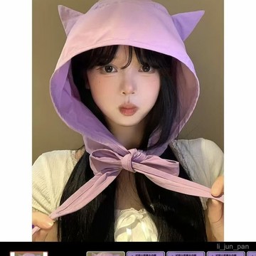 🔥臺灣出貨🔥日係可愛噁魔耳朵帽子綁帶包頭出遊帽女速幹頭巾防曬遮陽漁夫帽子
