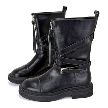 Augus 復古時尚交叉繫帶厚底中筒靴