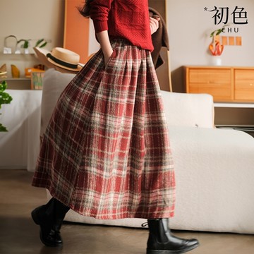 初色 復古文藝加厚格紋鬆緊腰荷葉邊傘裙A字裙毛呢中長裙半身裙-共2色-38605(F可選)