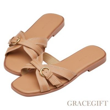 【Grace Gift】峇里風情交叉皮帶扣雲感平底拖鞋 淺駝