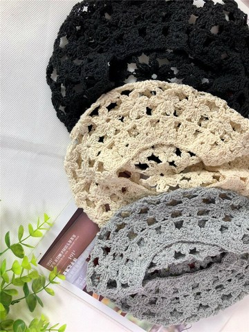 2022春夏款百搭文藝鏤空鉤花貝雷帽優雅復古手工編織針織帽子女夏