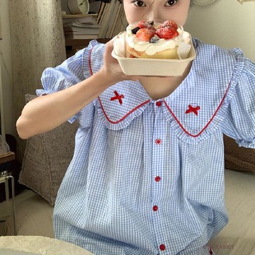 夏季新款甜美泡泡袖格子睡衣女可愛娃娃領短袖套裝家居服外穿短袖居家服可愛睡衣大碼睡衣短袖睡衣居家睡衣