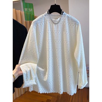 歐洲站大碼220斤法式鏤空鉤花蕾絲衫女2025春秋季顯瘦外搭T恤上衣