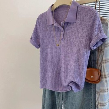 專柜撤回剪標紫色正肩Polo領冰絲短袖T恤女夏季新款簡約顯瘦上衣