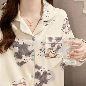 台灣出貨 2026年新款睡衣女春秋可外穿長袖長褲可愛萌趣小狗套裝女士家居服 睡衣女 寬鬆舒適 長袖睡衣套裝 大碼睡衣