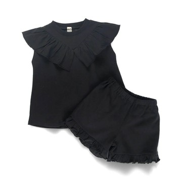 日本 BRANSHES - 俏皮荷葉大翻領短褲套裝-黑