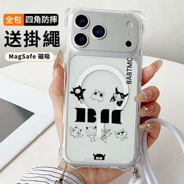 英文寶怪塗鴉送掛繩透明手機殼 磁吸防摔透明殼 適用 iPhone 17 16 16e 15 14 13 12 11保護殼