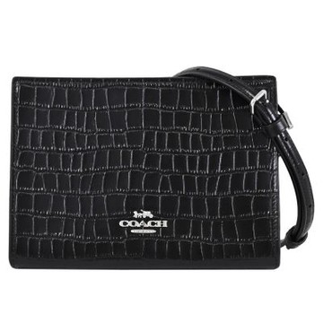 COACH 金屬LOGO鱷魚紋皮革迷你拉鍊斜背方包(黑)