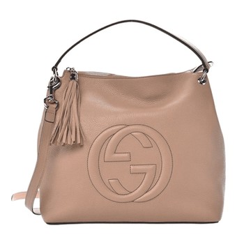 【GUCCI 古馳】536194 經典SOHO系列雙G LOGO 流蘇肩背/斜背兩用包(膚色)
