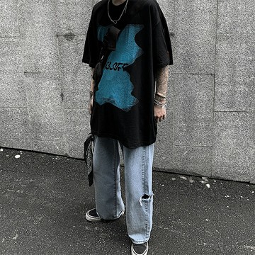 暗黑喪系歐美高街ins體恤潮牌tee寬松幾何印花oversize短袖T恤男