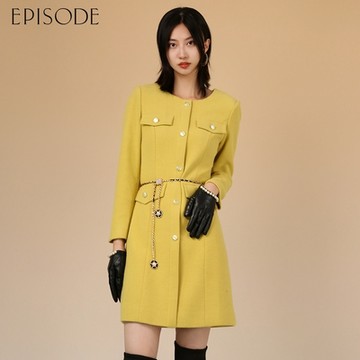 EPISODE - 高雅氣質對稱口袋羊毛混紡長袖洋裝132Z73（黃）