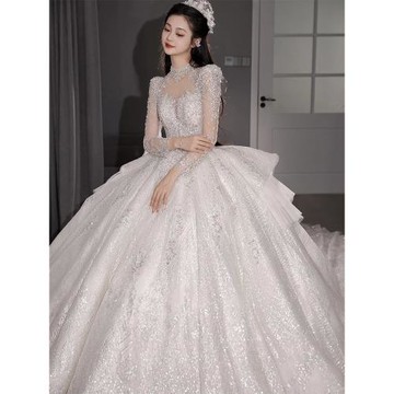 主婚紗新娘2025新款高級質感重工奢華法式長袖v領拖尾孕婦秋冬季