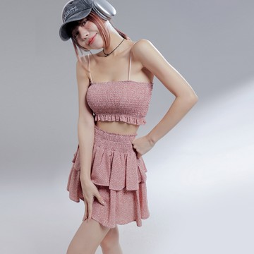 韓妞細肩帶蛋糕裙套裝-粉【KT24478】