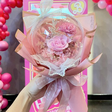 芭比粉波波球花束 人氣爆款 永生花花束 永生玫瑰花 情人節花束