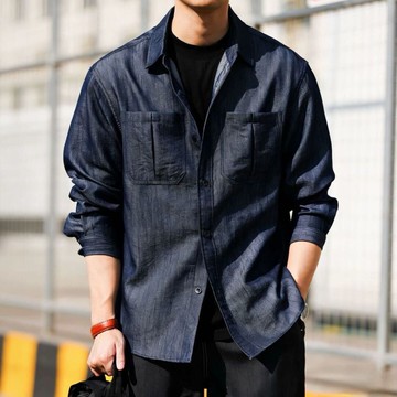 Wuluwear 美式復古肌理感仿牛仔長袖襯衫男寬鬆Vintage疊穿襯衫春