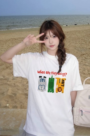 ins韓系甜美風白色短袖女生上衣 印花寬鬆情侶短袖T 上衣女 美式t  韓版T 大學T夏季新款百搭休閒設計感純棉上衣