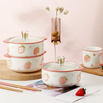 小小草莓陶瓷泡面碗宿舍學生用高顏值雙耳帶蓋碗可愛好看方便面碗