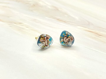 真花耳環 粉紅配粉藍色 925純銀鍍18K金耳針 可改耳夾