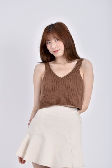 (S) 質感修身短版針織無袖棕色上衣