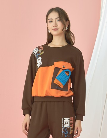 ★【喜芝梅】口袋藝術 字母印花色塊拼接獨特口袋設計感套裝上衣(咖啡色；M-XL) 224400120