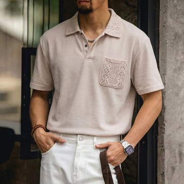 Wuluwear 美式復古珠地棉Polo衫男夏季新款寬鬆設計感鏤空拼接重磅休閒短袖
