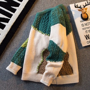 時尚潮流圓領撞色毛衣男秋冬新款休閒寬鬆保暖上衣男