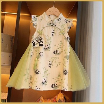 👍百搭童裝👍女童連衣裙夏裝新款洋氣兒童漢服公主裙夏季寶寶新中式熊貓旂袍裙 SYQL