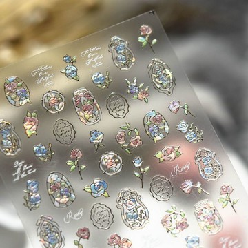 ✨台灣出貨✨藍色夢幻琉璃玫瑰花窗美甲貼紙貝殼光大理石油畫塊美甲貼紙