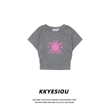 KKyesiou純欲chic風修身顯瘦短款上衣女法式正肩愛心辣妹短袖T恤