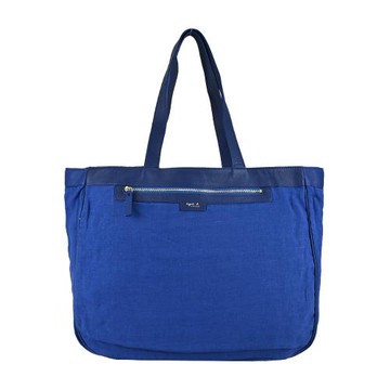 agnes b.皮革飾邊麻質托特包(藍)