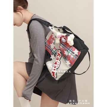 十七家復古紅格子星星骨頭帆布包2024秋新款y2k大容量單肩斜跨包