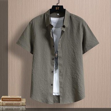 男士夏款冰絲短袖襯衫純色泡泡紗翻領半袖上衣商務休閑抗皺襯衣潮