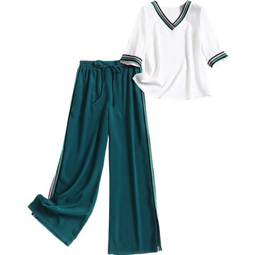 休閒套裝短袖褲裝(兩件套)-V領T恤長版闊腿褲女褲子73yd3【獨家進口】【米蘭精品】