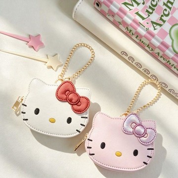 ✨元氣新品✨日系新款Kitty臉型蝴蝶結收納零錢包可愛卡通隨身耳機包便攜包掛XOLA