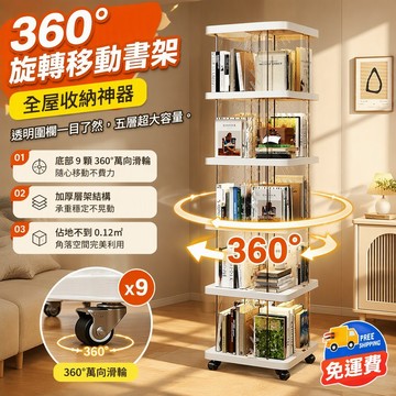 【台灣現貨】360度旋轉書架 多層透明收納櫃 落地書櫃附滑輪 大容量藏書架 北歐簡約風客廳書房收納神器 移動書架 925